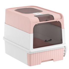 Cat Litter Box Hooded Cat Litter Tray with Drawer Pan Front Entry & Top Exit Easy Cleaning Pink
