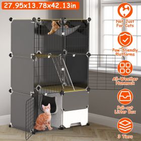 Multi-Level Cat Playpen Cage, 3-Tier Indoor Cat House with Built-in Litter Tray, Litter Scoop, Reversible Hammock for Kittens, Ferrets, Rabbits