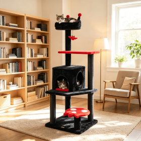 57" Spooky Cat Tower for Cats with Padded Perch And Spider Shaped Hanging Toy  Interactive Cat Tree for Kittens
